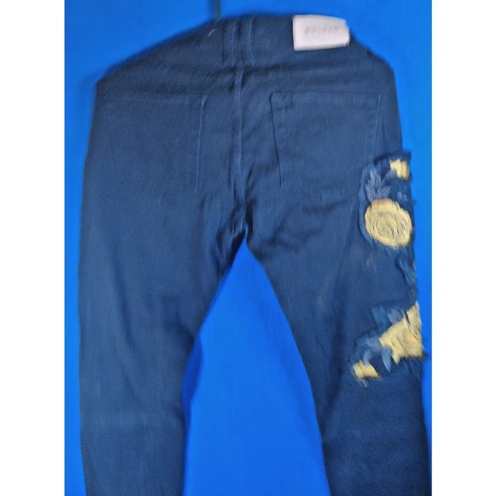 Golden Black Skinny Jeans Women Size 30 Yellow Floral Rose Embroidery Zipper - Picture 6 of 13
